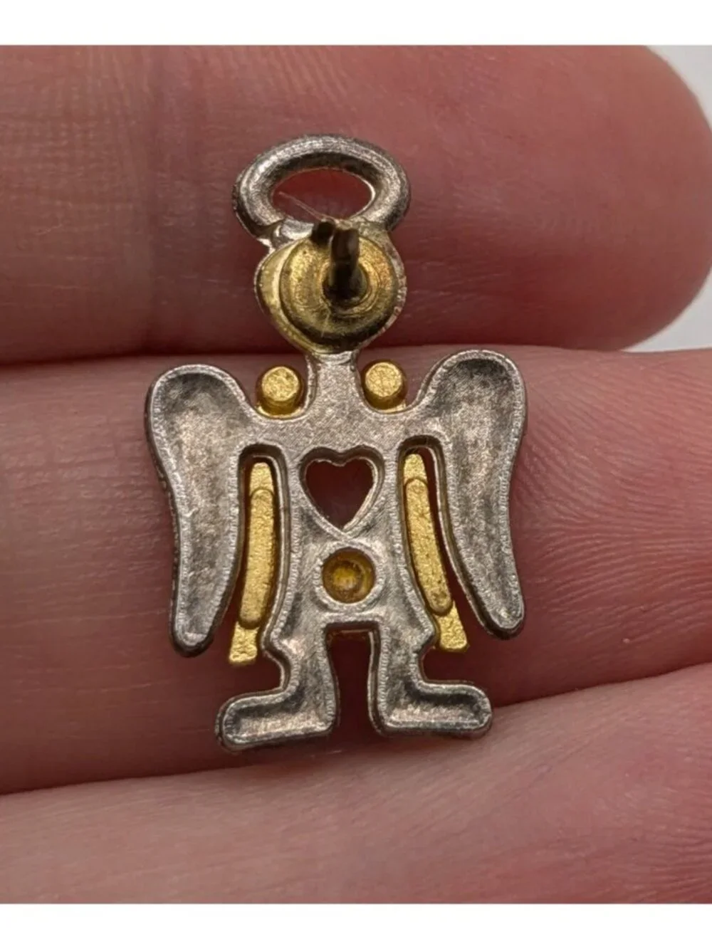 Vintage Guardian Angel Lapel Pin Silver Tone & Gold Heart Accent Cutout